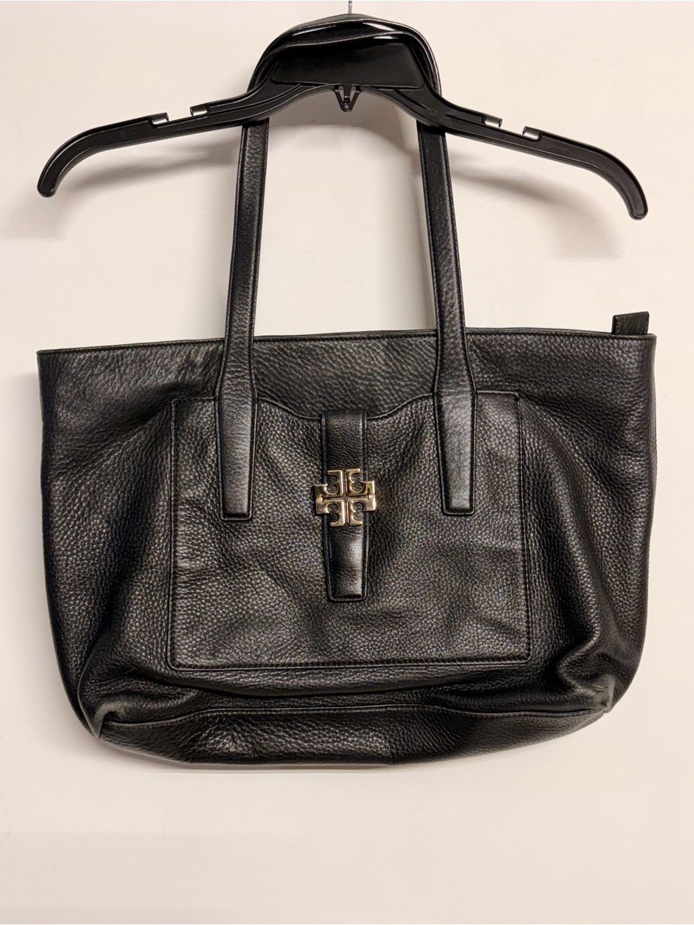 Tory Burch Black Pebbled Leather Tote with Gold Logo